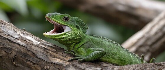 Fototapeta premium Green dragon lizard with white teeth sits on a tree branch at a zoo during daytime, showcasing its unique features and vibrant colors
