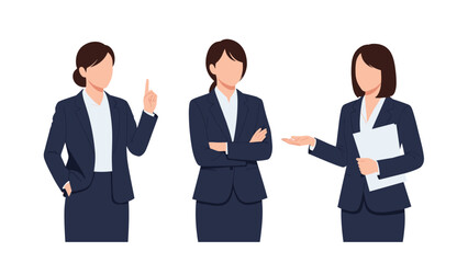 Fototapeta premium Three professional businesswomen in dark blue suits posing and gesturing during a presentation or meeting.