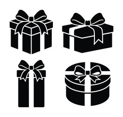 Elegant gift boxes illustration. Set of different shapes and sizes presents with decorative bows. Isolated design.