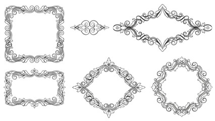 Obraz premium Collection of vintage ornate frames and borders in baroque style featuring intricate scrollwork and floral motifs for design projects.