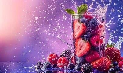 Fresh mixed berries and berry juice with dynamic water splashes against a vibrant gradient