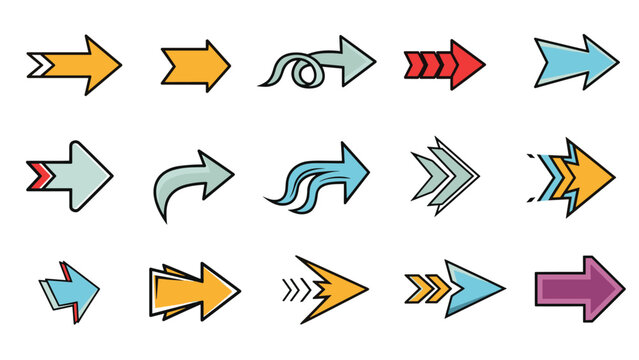 Diverse collection of colorful cartoon arrows in various shapes and styles for directional signs and creative user interface navigation.