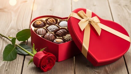Fototapeta premium A romantic heart-shaped box of assorted chocolates and a red rose on a wooden table viewed from above