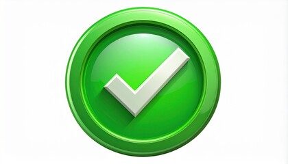 Glossy green circular button with bold white checkmark symbolizing confirmation or success