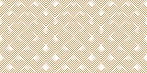 Golden geometric lines seamless pattern. Vector texture with squares, rhombuses, stripes, chevron, triangles. Simple abstract ornament. Trendy gold and white geometrical background. Repeating design