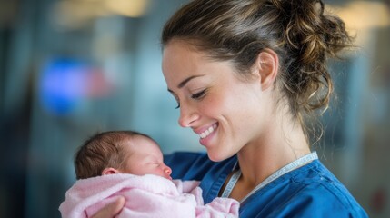 Female nurse cradling newborn in hospital setting.