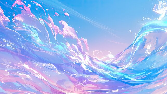 Epic Anime Style Abstract Waves Wallpaper, Dreamy Pastel Sky, Gentle Motion Blur, Ethereal Flowing Water Art