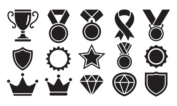 Vector icon set of shields with laurel wreaths and award symbols for web, business, and design use