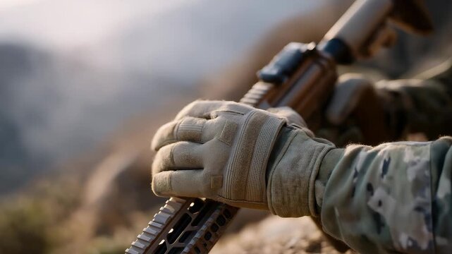 Close-up of tactical gloves gripping a rifle fore-end, textured fabric and tension conveying readiness, control, and focus without showing faces. cinematic color correction, natural uneven lighting