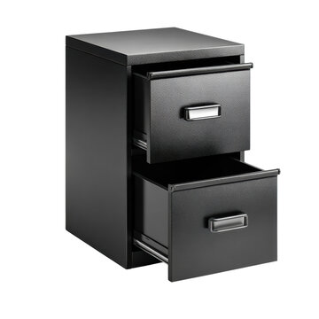 A black metal filing cabinet with two drawers