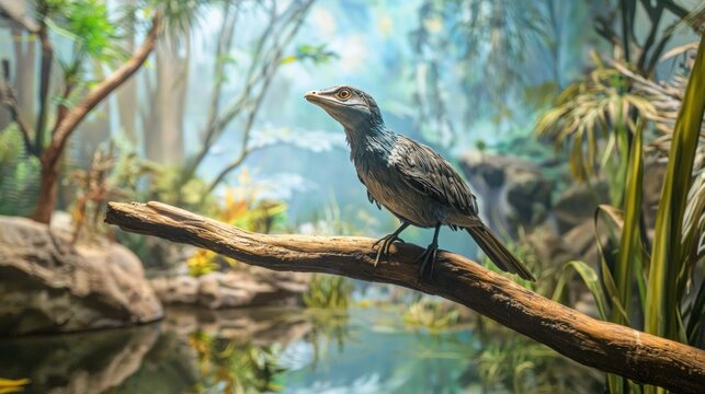 A museum diorama featuring a lifelike model of Ichthyornis perched on a branch amid Cretaceous vegetation