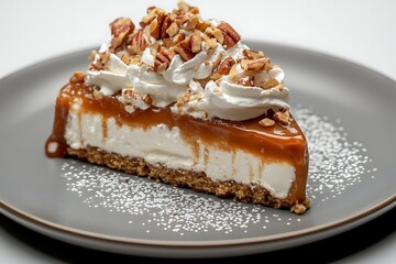 A luscious slice of caramel dessert topped with whipped cream and nuts, showcased on a gray plate, inviting indulgence and satisfaction.
