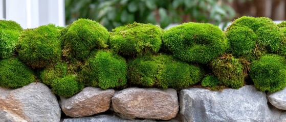 Close-up view of green moss covering stone wall with texture and lichen in cracks, suitable for nature design