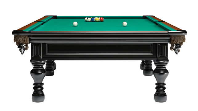 Traditional billiard table made of polished wood with green felt surface and arranged pool balls transparent png background. Ai generated