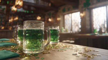 Green Beer Mugs On Wooden Bar, Shamrock Confetti Scattered, Warm Amber Lights Glowing, Frothy Foam Rim, Condensation Beading On Glass, Saint Patrick's Day