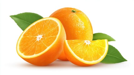 Fototapeta premium Fresh juicy oranges with green leaves on white background.