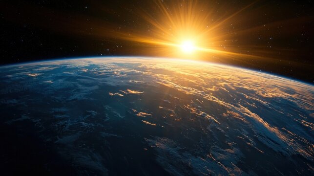 A satellite image capturing the Earth&acirc;&euro;&trade;s atmosphere with a focus on the glowing ionosphere at the horizon during sunrise