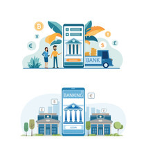 Mobile Banking App and Traditional Bank Buildings