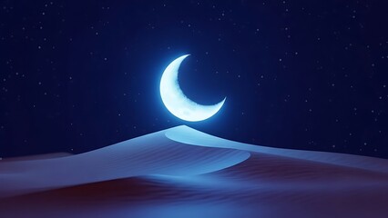 Surreal landscape of a large glowing blue crescent moon over dark desert sand dunes at night.