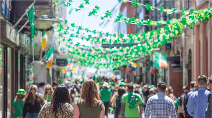 Crowded Avenue Lined With Green Banners, Sea Of People Walking Under Festive Decorations, Performers Saint Patrick's Day