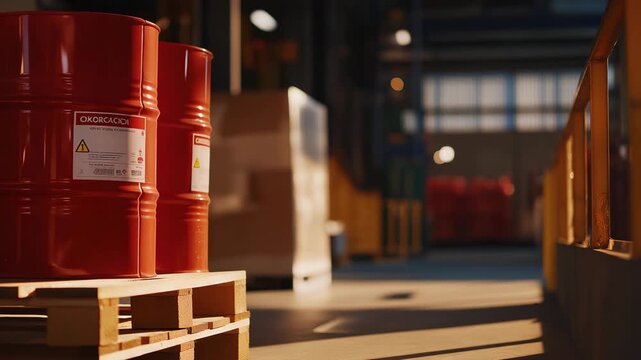 Highly flammable and explosive substances stored in an industrial facility, clear hazard warning signs and safety markings emphasizing fire risk, explosion danger, strict regulations, and