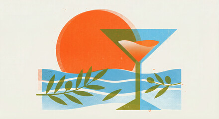 Modern abstract Mediterranean sunset illustration featuring a martini glass, olive branches, and blue waves. Retro screen-print style with a vibrant orange sun on a clean cream background.