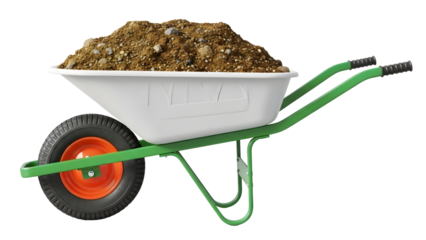 A white wheelbarrow filled with dark soil and a green frame isolated