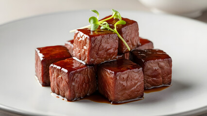 Gourmet Cubed Beef Steak on White Plate