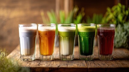 The glasses of assorted colorful healthy juices and smoothies on rustic wooden table