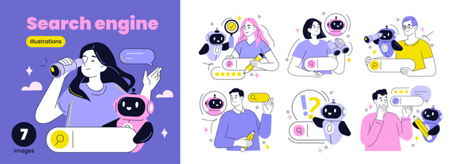 Character using artificial intelligence tools to optimize websites and improve search performance. AI SEO, content optimization, marketing concept set. Vector outline illustration.