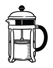 Illustration of a french press coffee maker. Black and white line art drawing of kitchen utensil.