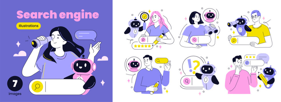 Character using artificial intelligence tools to optimize websites and improve search performance. AI SEO, content optimization, marketing concept set. Vector outline illustration.