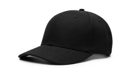 Fototapeta premium Black baseball cap mockup, blank cotton sports hat on white background, classic adjustable headwear for branding and apparel design