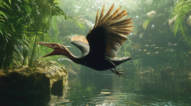 A 3D animation still showing Ichthyornis diving into water to catch fish, blending bird and reptile features
