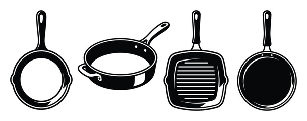 Illustration of different types of pans, including skillet, frying, and griddle, cooking and kitchenware.