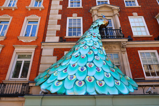 LONDON UNITED KINGDOM 06 19 2023: Floral peacock sculpture 