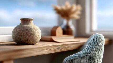 A serene close-up captures a beautifully arranged decor on a wooden desk with a window view in the background, a captivating composition of textures, light, and aesthetic harmony.