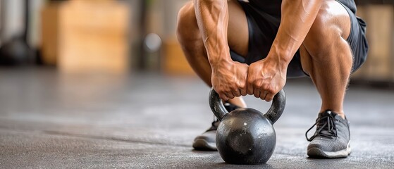 Close-up of a man performing kettlebell workout in gym with a focus on strength training and fitness routine