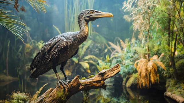 A museum diorama featuring a lifelike model of Ichthyornis perched on a branch amid Cretaceous vegetation