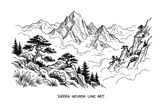 Line art illustration of the Sierra Nevada mountain range. Features trees, clouds, and landscape scenery.