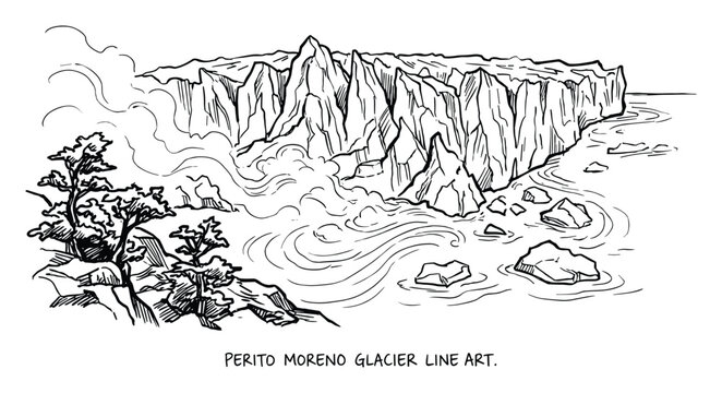 Line art of Perito Moreno Glacier, features a glacier, mountain range, water, trees, and scenic views.