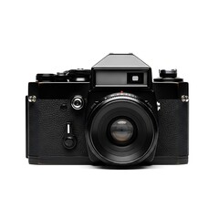 High-quality image of a classic SLR film camera highlighting its mechanical dials and glass lens element.
