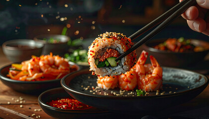 Chopsticks gracefully lift a fresh sushi roll, adorned with sesame seeds, from a plate alongside succulent shrimp and spicy Asian condiments, offering a rich and authentic culinary experience
