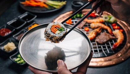 Enjoying a diverse and delicious Korean BBQ and sushi spread, featuring fresh seafood, grilled meats, and vibrant vegetable side dishes, creating an authentic and memorable Asian dining experience