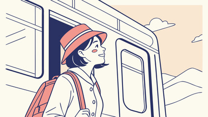 Young woman with backpack looking out of train window during journey.