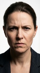 Obraz premium A determined and intensely serious woman expresses a deep sense of frustration and displeasure, her gaze conveying a powerful, concentrated emotion with a furrowed brow