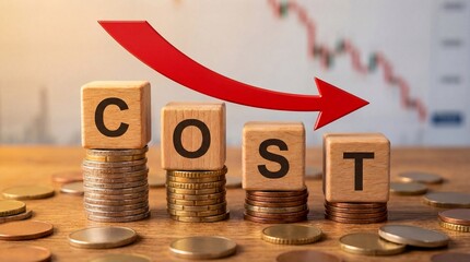 Cost reduction business concept with wooden blocks on coins and downward red arrow