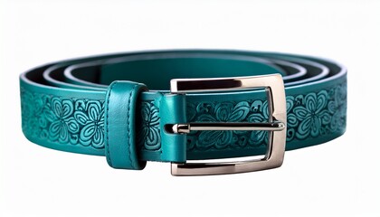teal leather belt with floral embossed pattern
