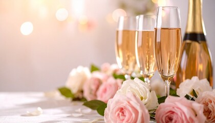 Elegant Champagne Toast with Pink and White Roses for Bridal Shower or Wedding Celebration