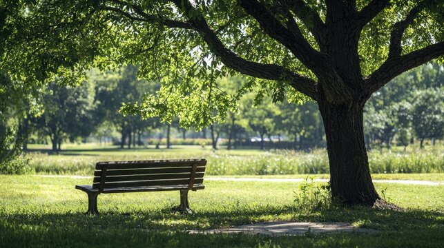An empty park bench under a large tree on a quiet day representing moments of idleness in nature
